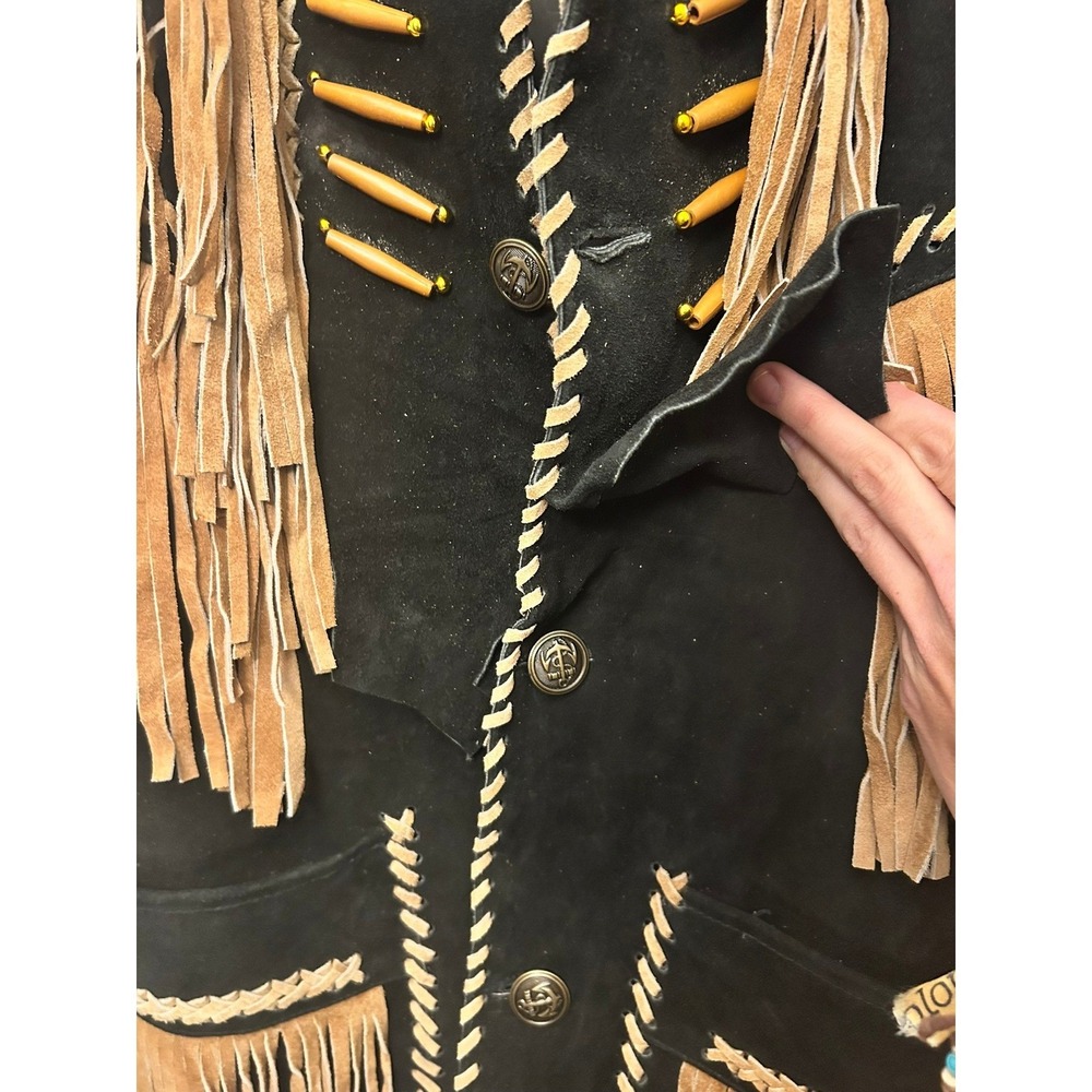 Real Leather Western Jacket Mens Suede Fringe Beaded Native American Style - Picture 4 of 7